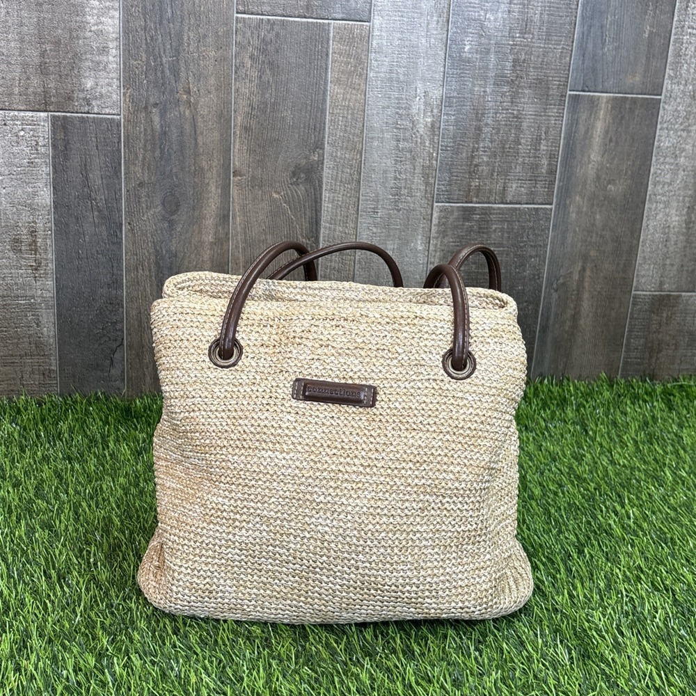 Vintage Y2K Connections Straw Raffia Woven Shoulder Bag Brown Leather Trim Boho